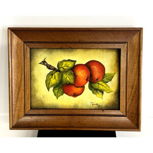 Still Life Apple Painting, Acrylic 1971 Wood Frame 6.5" x 5" Cottage Core Decor